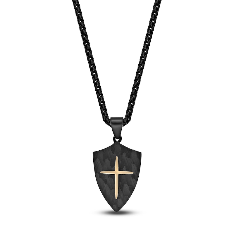 Main Image 1 of Men's Hammered Shield & Cross Necklace Black & Yellow Ion-Plated Stainless Steel 24"