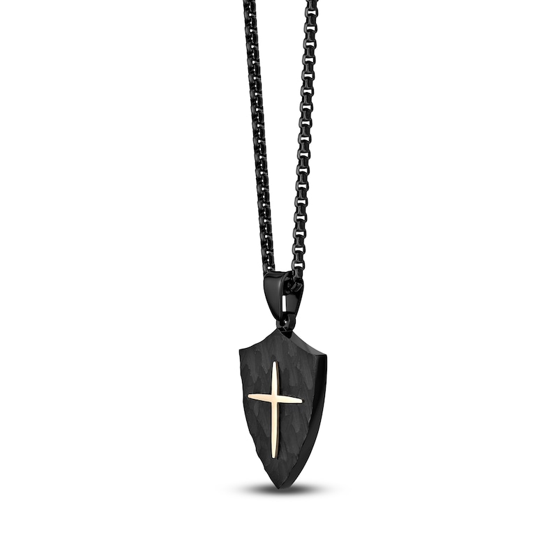 Main Image 2 of Men's Hammered Shield & Cross Necklace Black & Yellow Ion-Plated Stainless Steel 24"