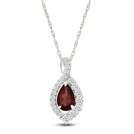 Pear-Shaped Natural Garnet & White Lab-Created Sapphire Teardrop Halo Necklace Sterling Silver 18"