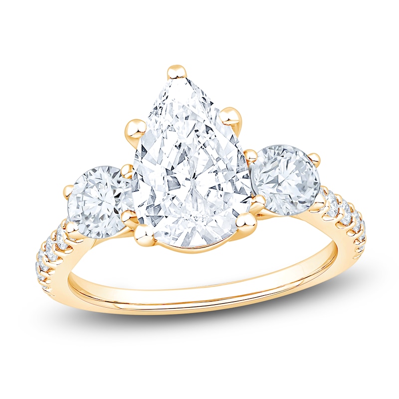 Main Image 1 of Pear-Shaped & Round-Cut Lab-Grown Diamond Three-Stone Engagement Ring 3 ct tw 14K Yellow Gold