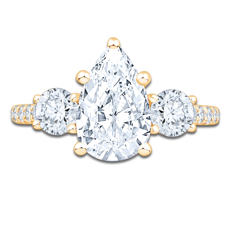 Main Image 3 of Pear-Shaped & Round-Cut Lab-Grown Diamond Three-Stone Engagement Ring 3 ct tw 14K Yellow Gold