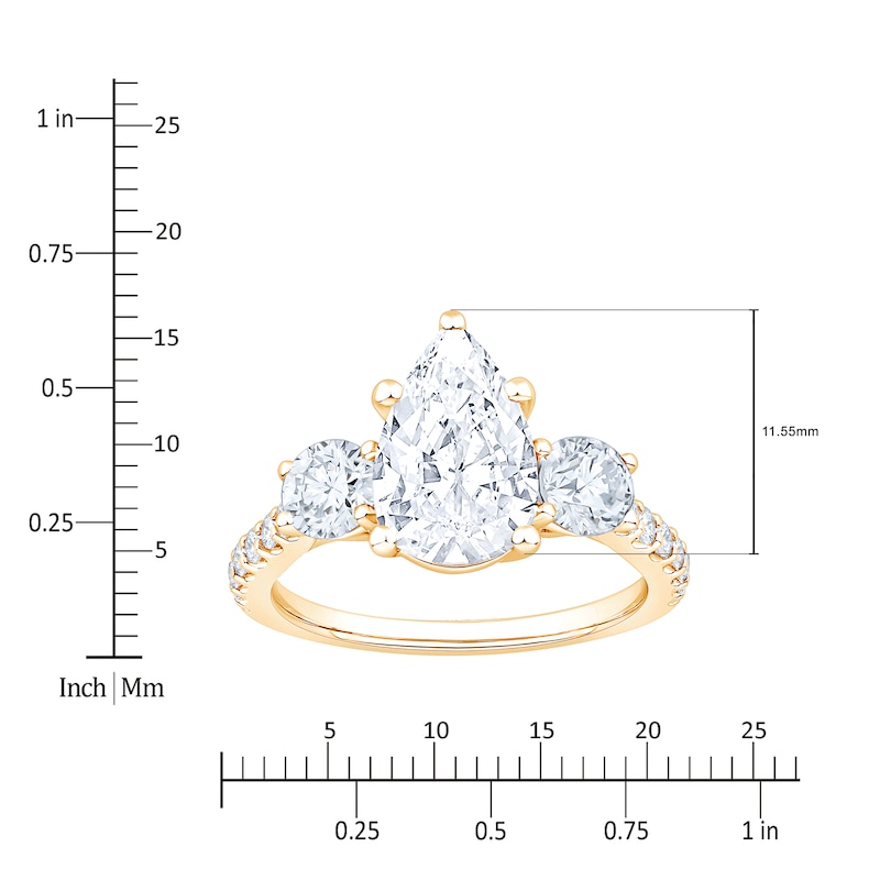 Main Image 4 of Pear-Shaped & Round-Cut Lab-Grown Diamond Three-Stone Engagement Ring 3 ct tw 14K Yellow Gold