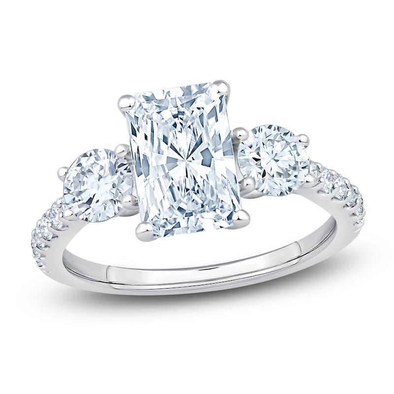 Main Image 1 of Radiant & Round-Cut Lab-Grown Diamond Three-Stone Engagement Ring 3 ct tw Platinum