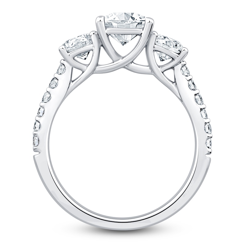Main Image 2 of Radiant & Round-Cut Lab-Grown Diamond Three-Stone Engagement Ring 3 ct tw Platinum