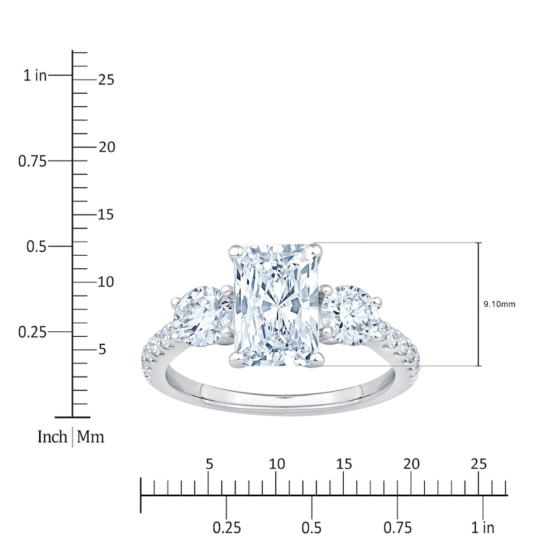 Main Image 4 of Radiant & Round-Cut Lab-Grown Diamond Three-Stone Engagement Ring 3 ct tw Platinum