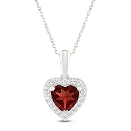 Heart-Shaped Natural Garnet & White Lab-Created Sapphire Halo Necklace 10K White Gold 18"