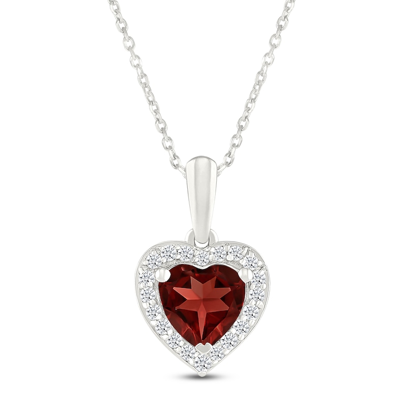 Main Image 1 of Heart-Shaped Natural Garnet & White Lab-Created Sapphire Halo Necklace 10K White Gold 18"