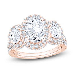 Oval-Cut Lab-Grown Diamond Three-Stone Halo Engagement Ring 3-1/4 ct tw 14K Rose Gold