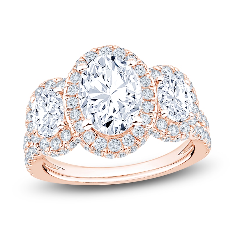 Main Image 1 of Oval-Cut Lab-Grown Diamond Three-Stone Halo Engagement Ring 3-1/4 ct tw 14K Rose Gold