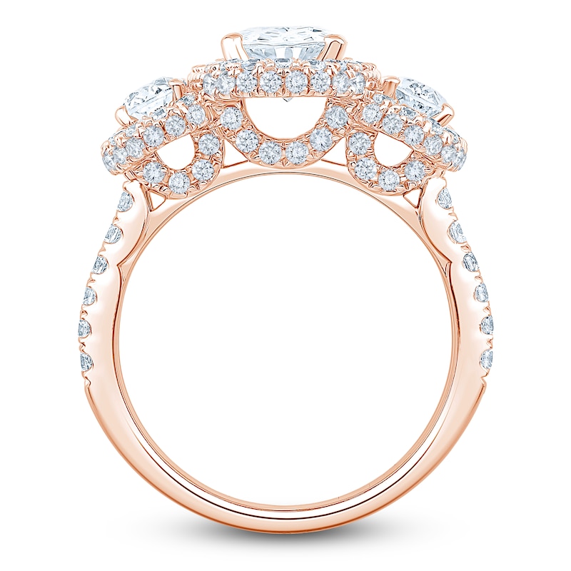 Main Image 2 of Oval-Cut Lab-Grown Diamond Three-Stone Halo Engagement Ring 3-1/4 ct tw 14K Rose Gold