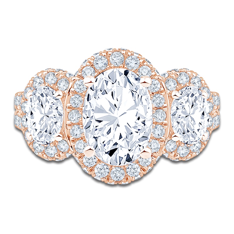 Main Image 3 of Oval-Cut Lab-Grown Diamond Three-Stone Halo Engagement Ring 3-1/4 ct tw 14K Rose Gold