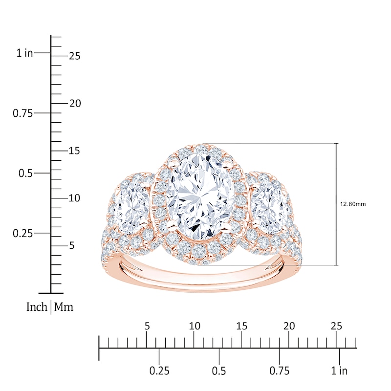 Main Image 4 of Oval-Cut Lab-Grown Diamond Three-Stone Halo Engagement Ring 3-1/4 ct tw 14K Rose Gold