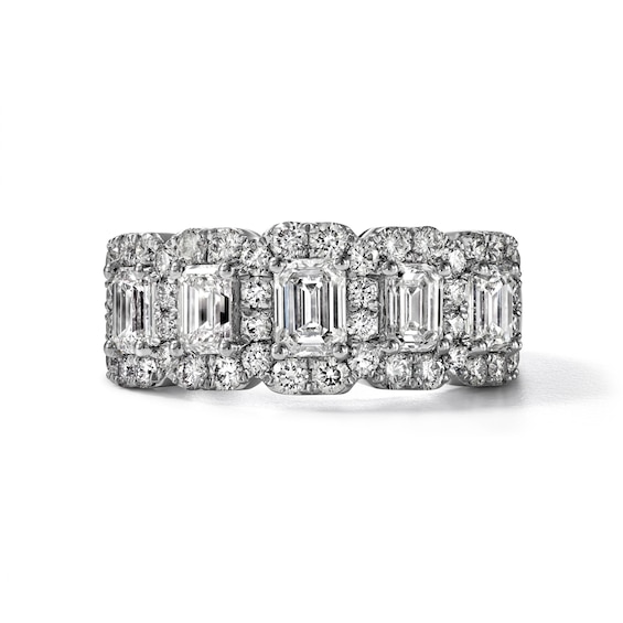 Certified Emerald & Round-Cut Diamond Five-Stone Halo Anniversary Ring 2 ct tw 14K White Gold