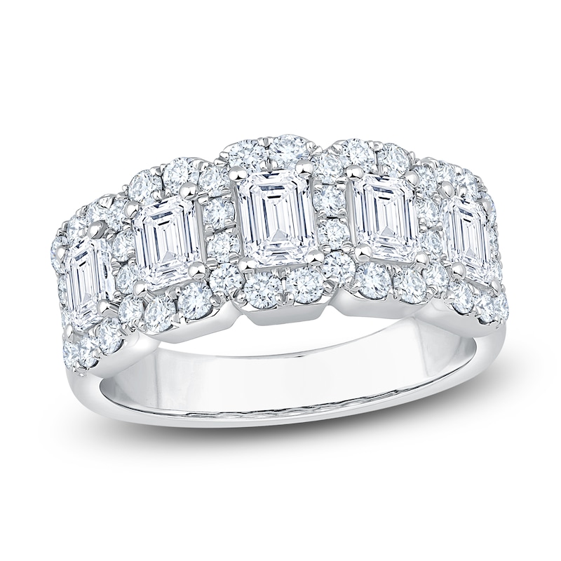 Main Image 1 of Certified Emerald & Round-Cut Diamond Five-Stone Halo Anniversary Ring 2 ct tw 14K White Gold