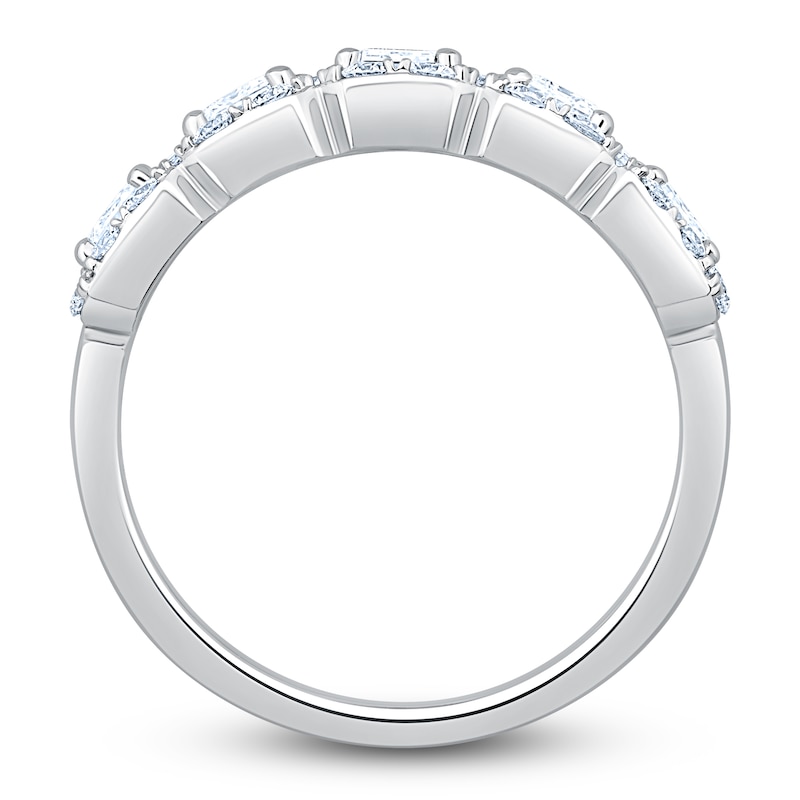 Main Image 2 of Certified Emerald & Round-Cut Diamond Five-Stone Halo Anniversary Ring 2 ct tw 14K White Gold