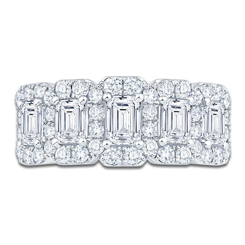 Main Image 3 of Certified Emerald & Round-Cut Diamond Five-Stone Halo Anniversary Ring 2 ct tw 14K White Gold