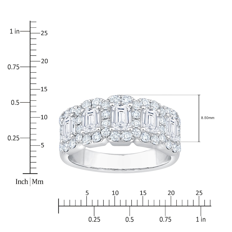 Main Image 4 of Certified Emerald & Round-Cut Diamond Five-Stone Halo Anniversary Ring 2 ct tw 14K White Gold