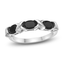 Oval-Cut Natural Black Onyx East-West "XO" Three-Stone Ring Sterling Silver