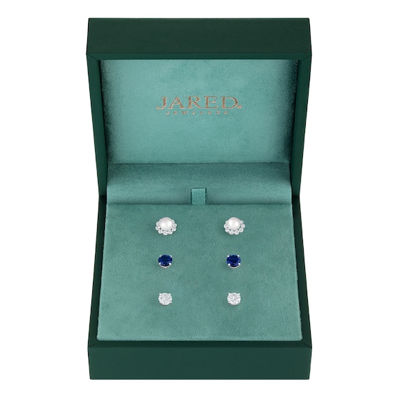 Cultured Pearl, Blue Lab-Created Sapphire & Lab-Grown Diamond Stud Earrings with Earring Jackets Gift Set 1-7/8 ct tw Sterling Silver