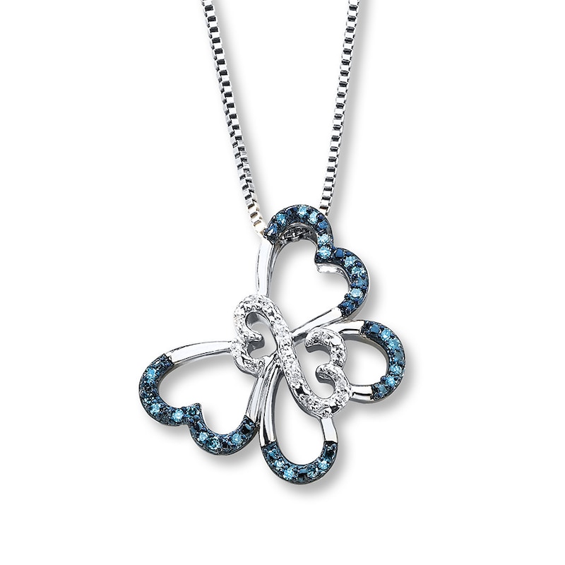 Main Image 1 of Open Hearts Butterfly Blue Diamonds Sterling Silver Necklace