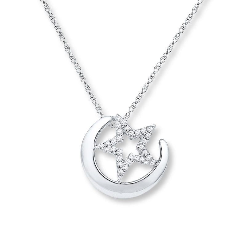 Main Image 1 of Moon & Star Necklace 1/10 ct tw Diamonds 10K White Gold