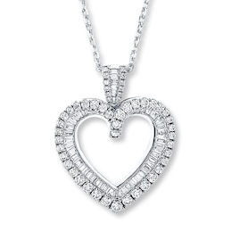 Diamond Heart Necklace 2 ct tw Round/Baguette 14K White Gold