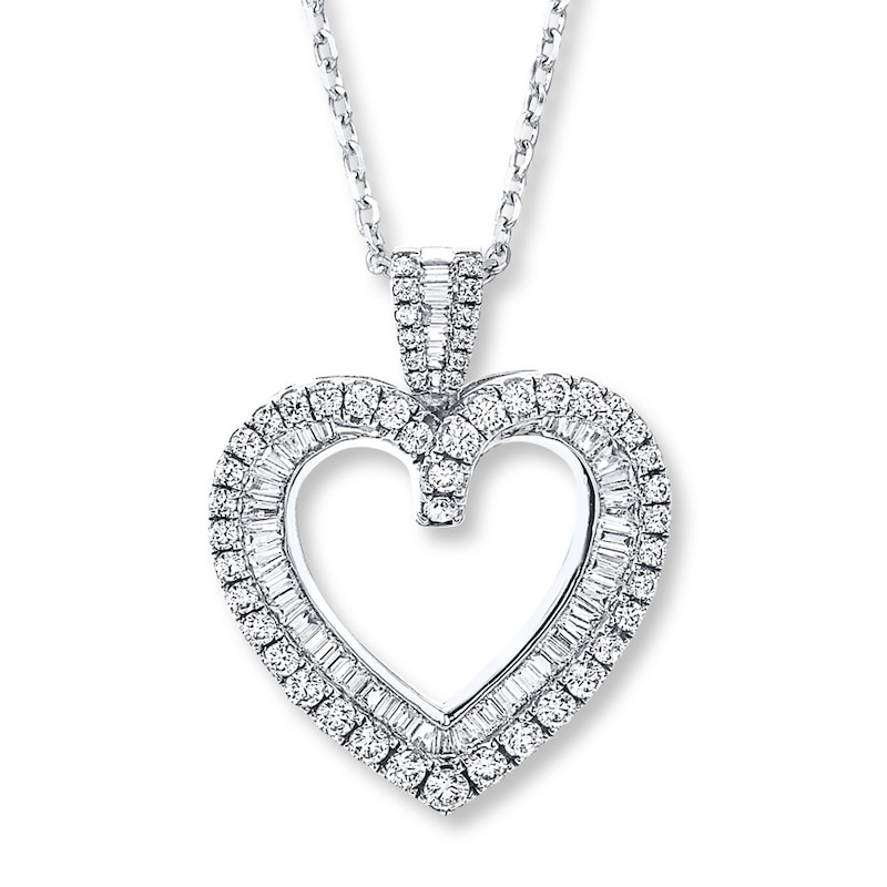 Main Image 1 of Diamond Heart Necklace 2 ct tw Round/Baguette 14K White Gold