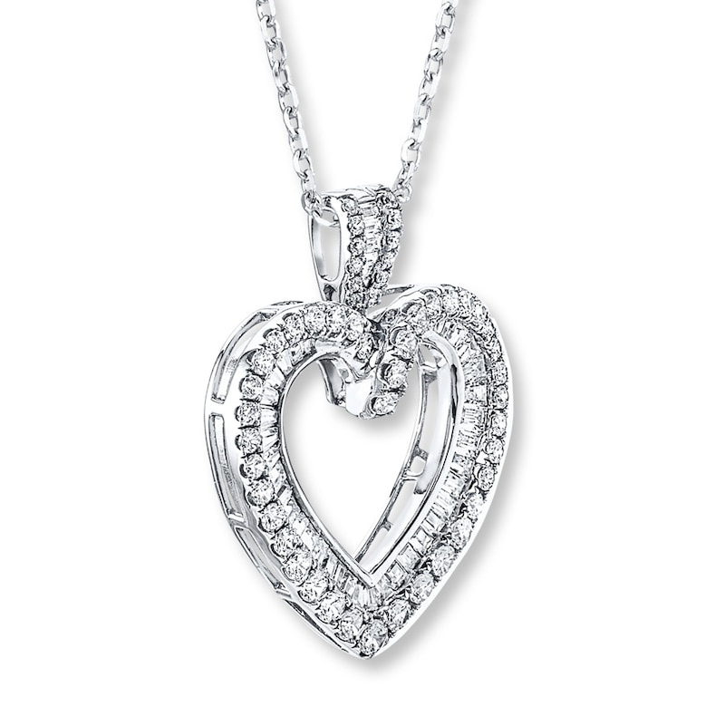 Main Image 2 of Diamond Heart Necklace 2 ct tw Round/Baguette 14K White Gold