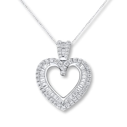 Diamond Heart Necklace 3/4 ct tw Round/Baguette 14K White Gold