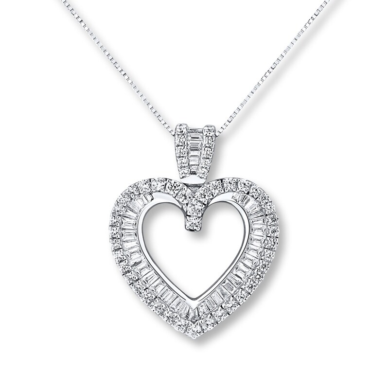 Main Image 1 of Diamond Heart Necklace 3/4 ct tw Round/Baguette 14K White Gold