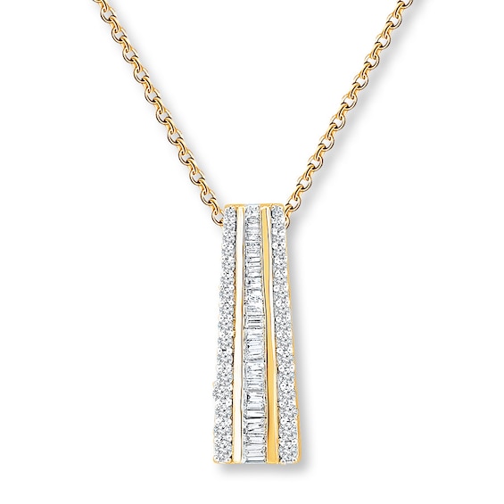 Diamond Necklace 34 ct tw RoundBaguette 14K Yellow Gold