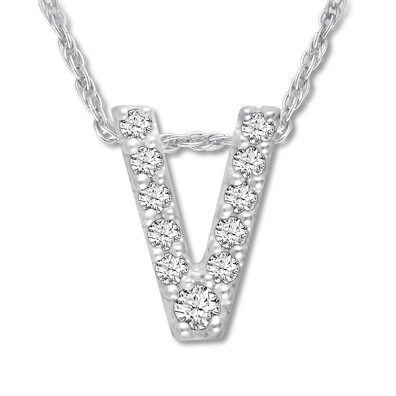 Main Image 1 of Diamond Initial V Necklace 1/20 ct tw Round 10K White Gold