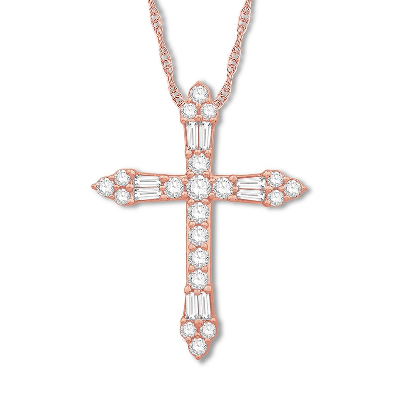 Diamond Cross Necklace 5/8 ct tw Round/Baguette 14K Rose Gold