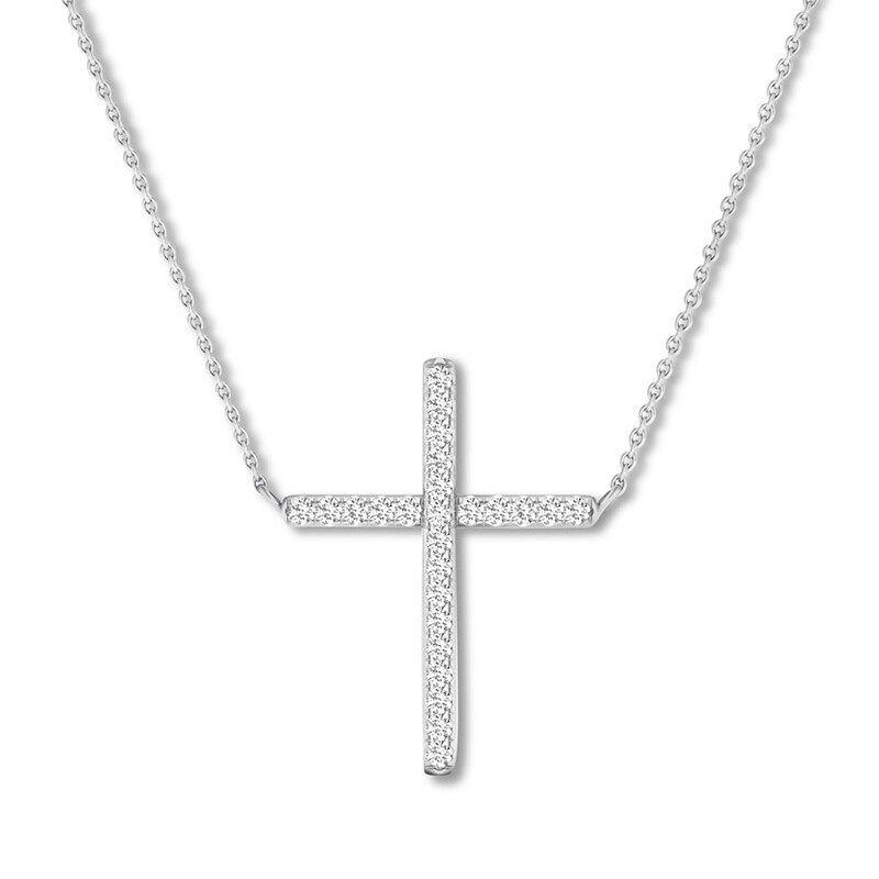 Main Image 1 of Diamond Cross Necklace 1/15 carat tw Round 10K White Gold