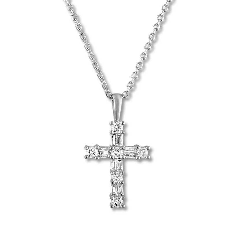 Diamond Cross Necklace 1/4 ct tw Round/Baguette 10K White Gold