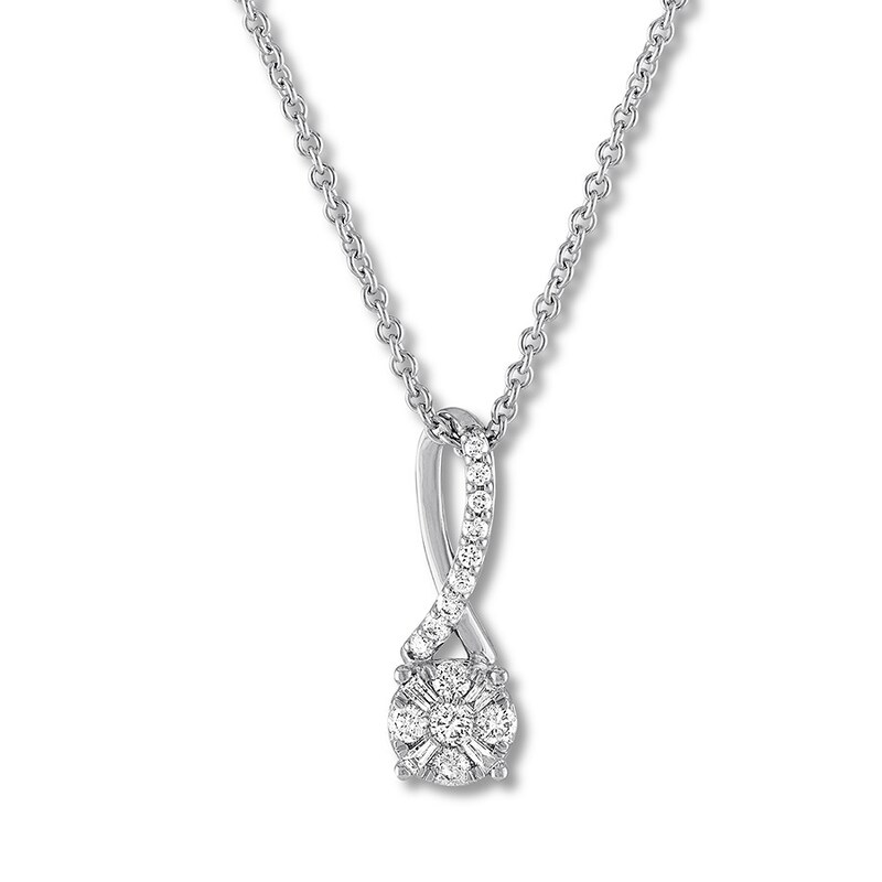 Round/Baguette Diamond Necklace 1/8 ct tw 10K White Gold