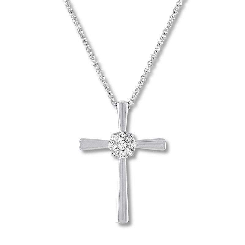 Round/Baguette Diamond Cross Necklace 1/10 ct tw 10K White Gold