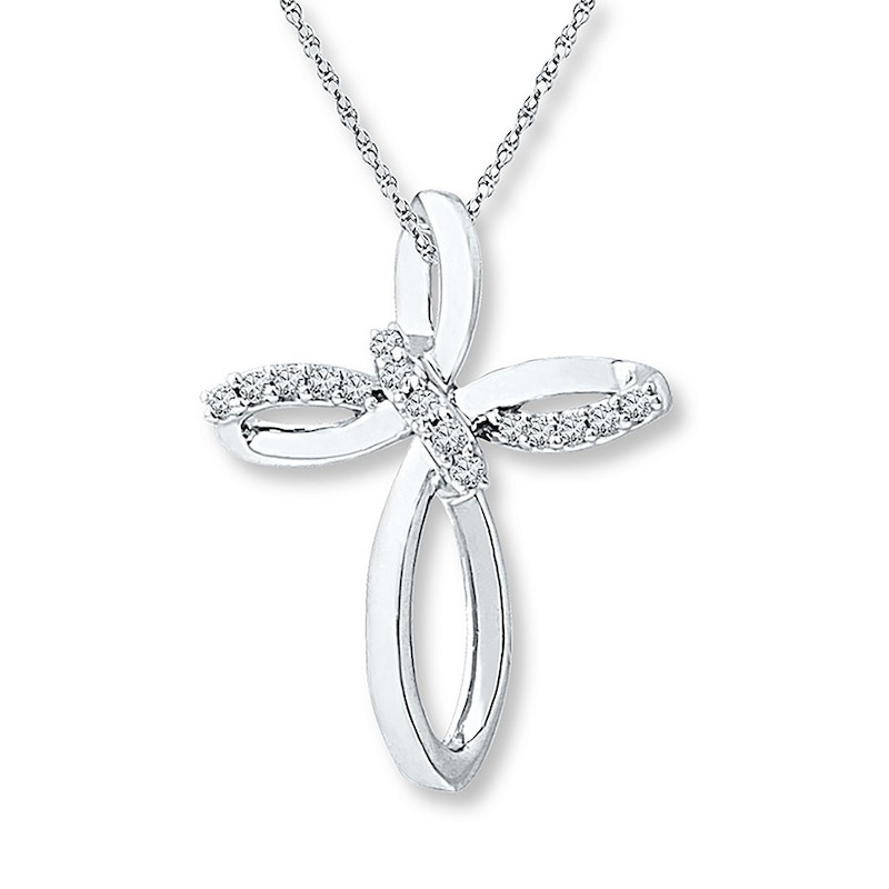 Main Image 1 of Diamond Cross Necklace 1/10 ct tw Round 10K White Gold