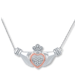 Claddagh Necklace 1/8 ct tw Diamonds Silver/10K Rose Gold