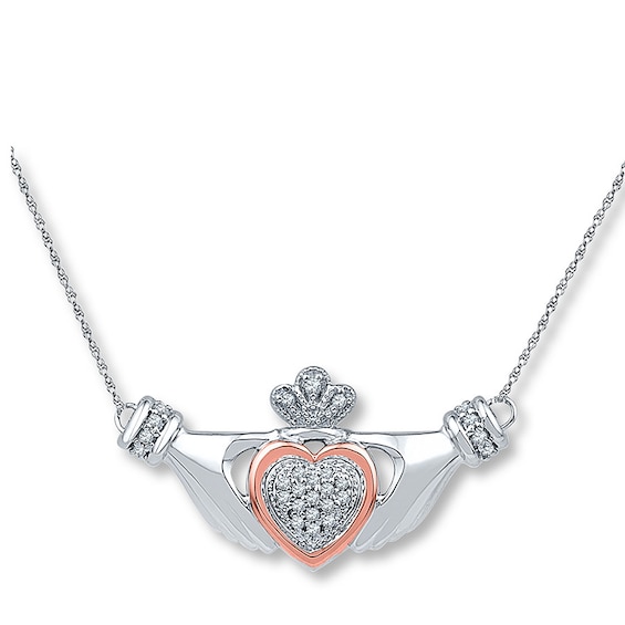 Claddagh Necklace 1/8 ct tw Diamonds Silver/10K Rose Gold