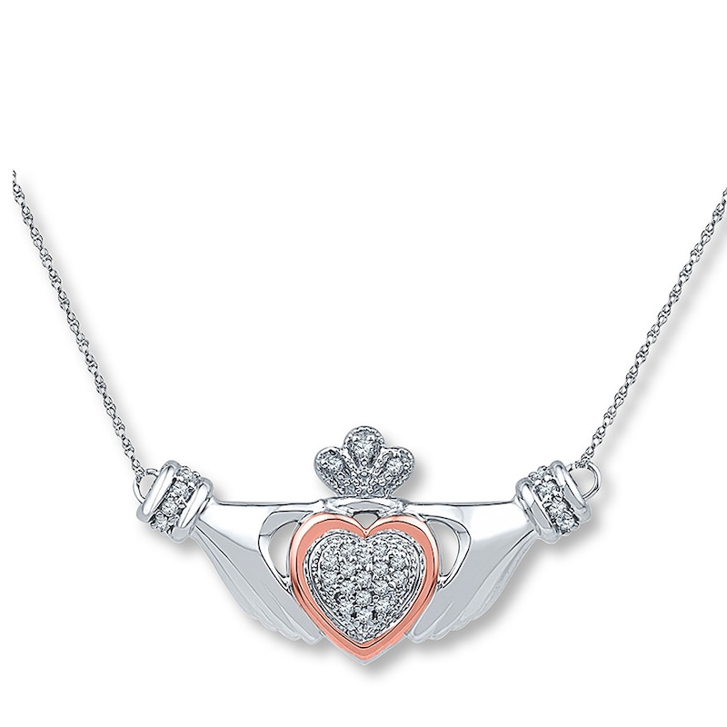 Claddagh Necklace 1/8 ct tw Diamonds Silver/10K Rose Gold