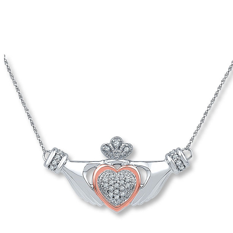 Main Image 1 of Claddagh Necklace 1/8 ct tw Diamonds Silver/10K Rose Gold