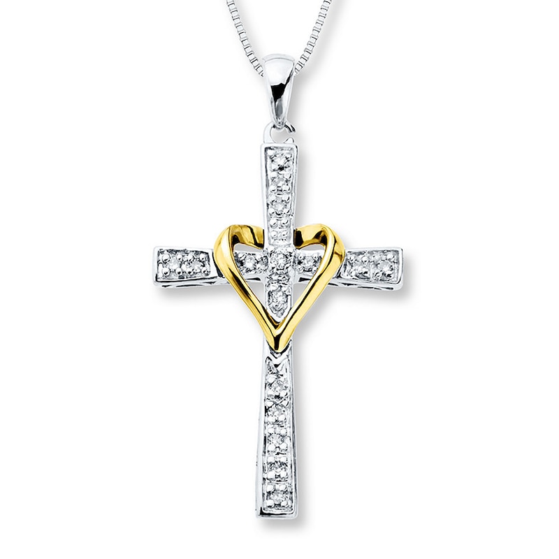 Main Image 1 of Cross Necklace 1/10 ct tw Diamonds Sterling Silver/10K Yellow Gold