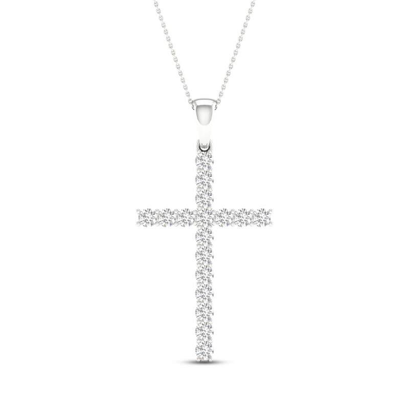 Main Image 1 of Lab-Grown Diamond Cross Necklace 1 ct tw Round 14K White Gold