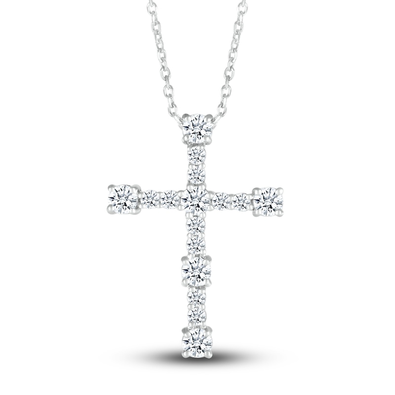 Main Image 1 of Diamond Cross Pendant Necklace 1/2 ct tw Round 10K White Gold 18"