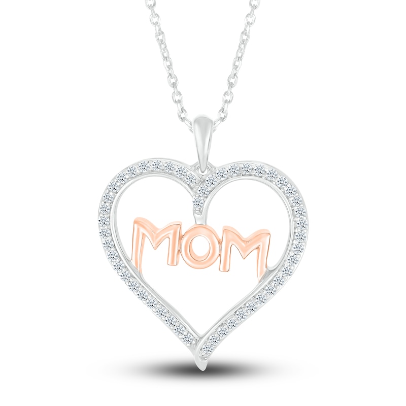 Main Image 1 of Diamond "MOM" Heart Pendant Necklace 1/4 ct tw Round Sterling Silver/10K Rose Gold 18"