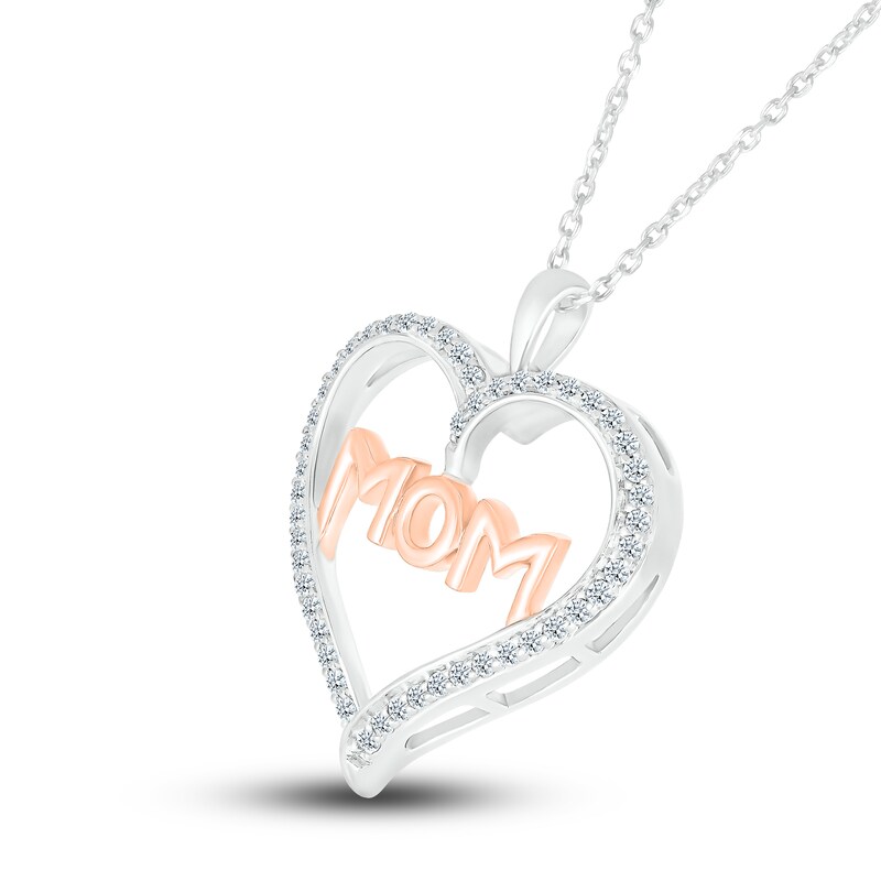 Main Image 2 of Diamond "MOM" Heart Pendant Necklace 1/4 ct tw Round Sterling Silver/10K Rose Gold 18"
