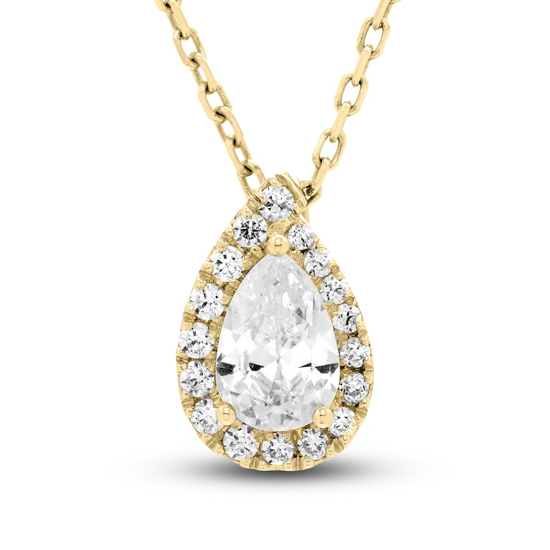 Main Image 1 of Diamond Halo Pendant Necklace 1/2 ct tw Pear/Round 14K Yellow Gold 18"