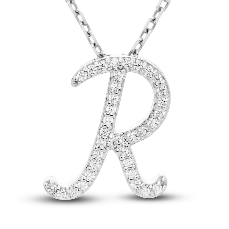 Main Image 1 of Diamond Letter R Pendant Necklace 1/10 ct tw Round 10K White Gold