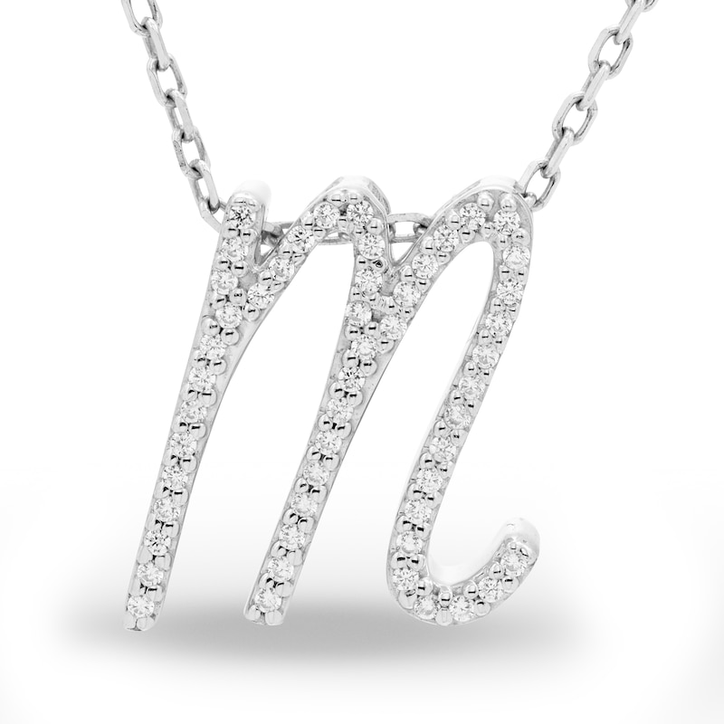 Main Image 1 of Diamond Letter M Pendant Necklace 1/10 ct tw Round 10K White Gold 18"